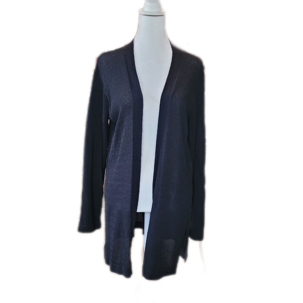 Eileen Fisher Long Cardigan Black Lightweight Loose Knit Womens Large